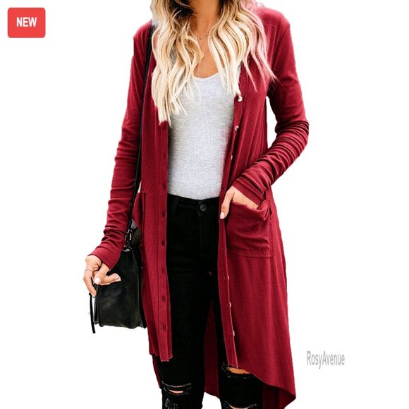 Sweaters - Long Button Down Cardigan with Pockets, Stretchy Knit Fabric, Lightweight